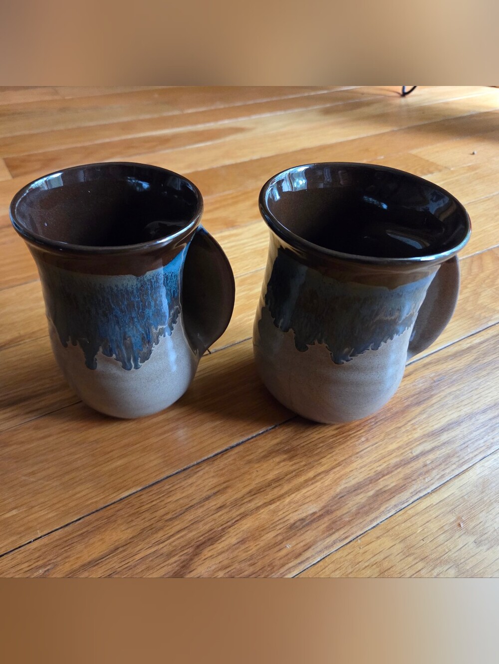 Made In USA Handcrafted Ceramic Handwarmer Mugs in Brown and Blue - Set of 2